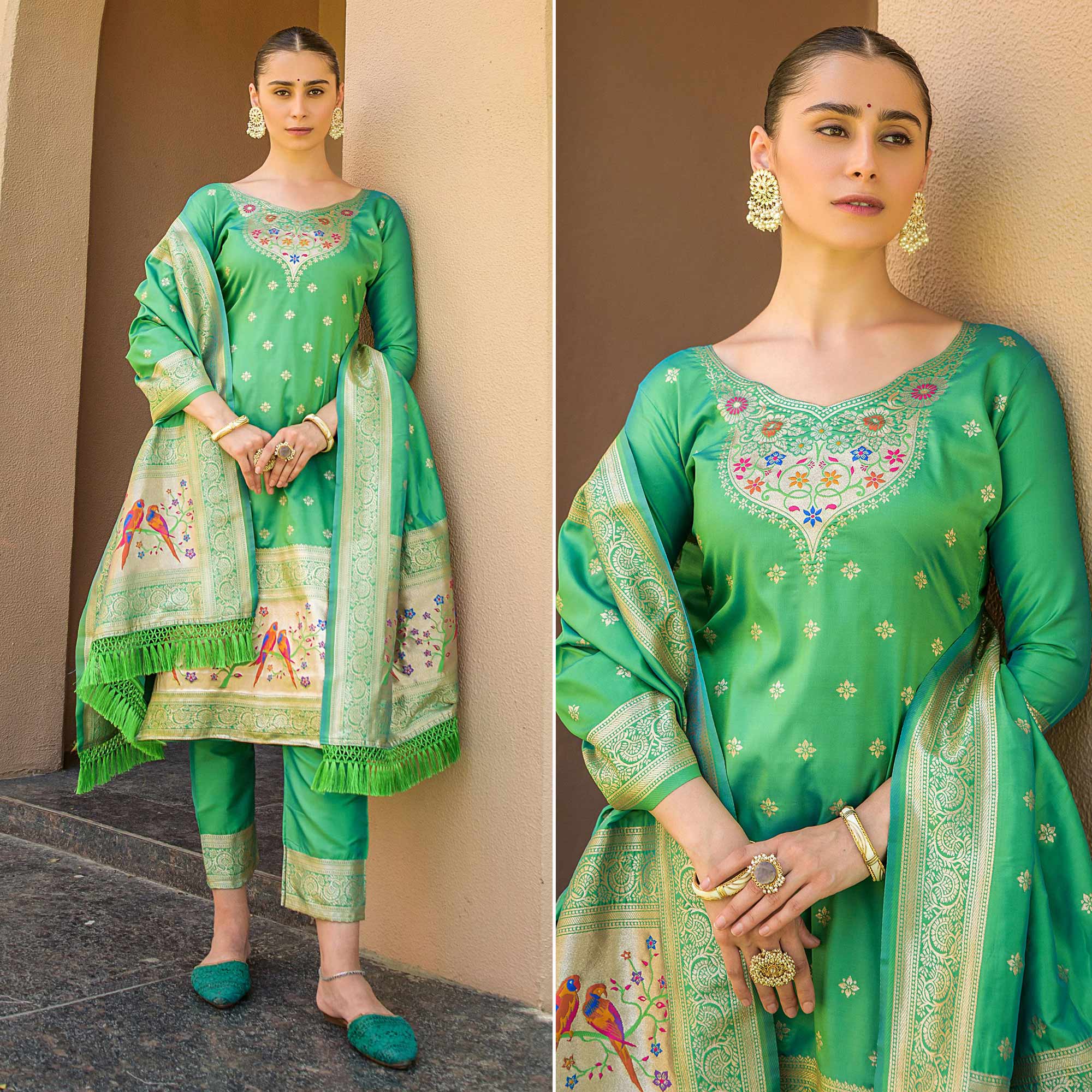 Green Floral Woven Banarasi Silk Paithani Dress Material