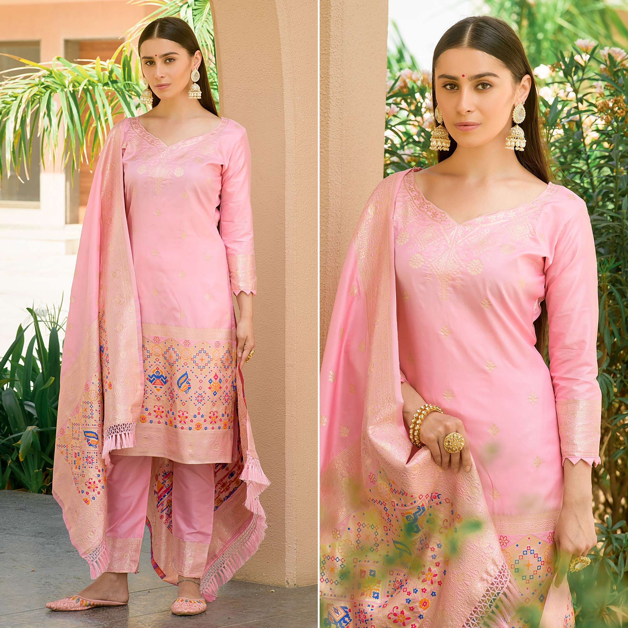 Baby Pink Floral Woven Banarasi Silk Paithani Dress Material