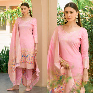 Baby Pink Floral Woven Banarasi Silk Paithani Dress Material