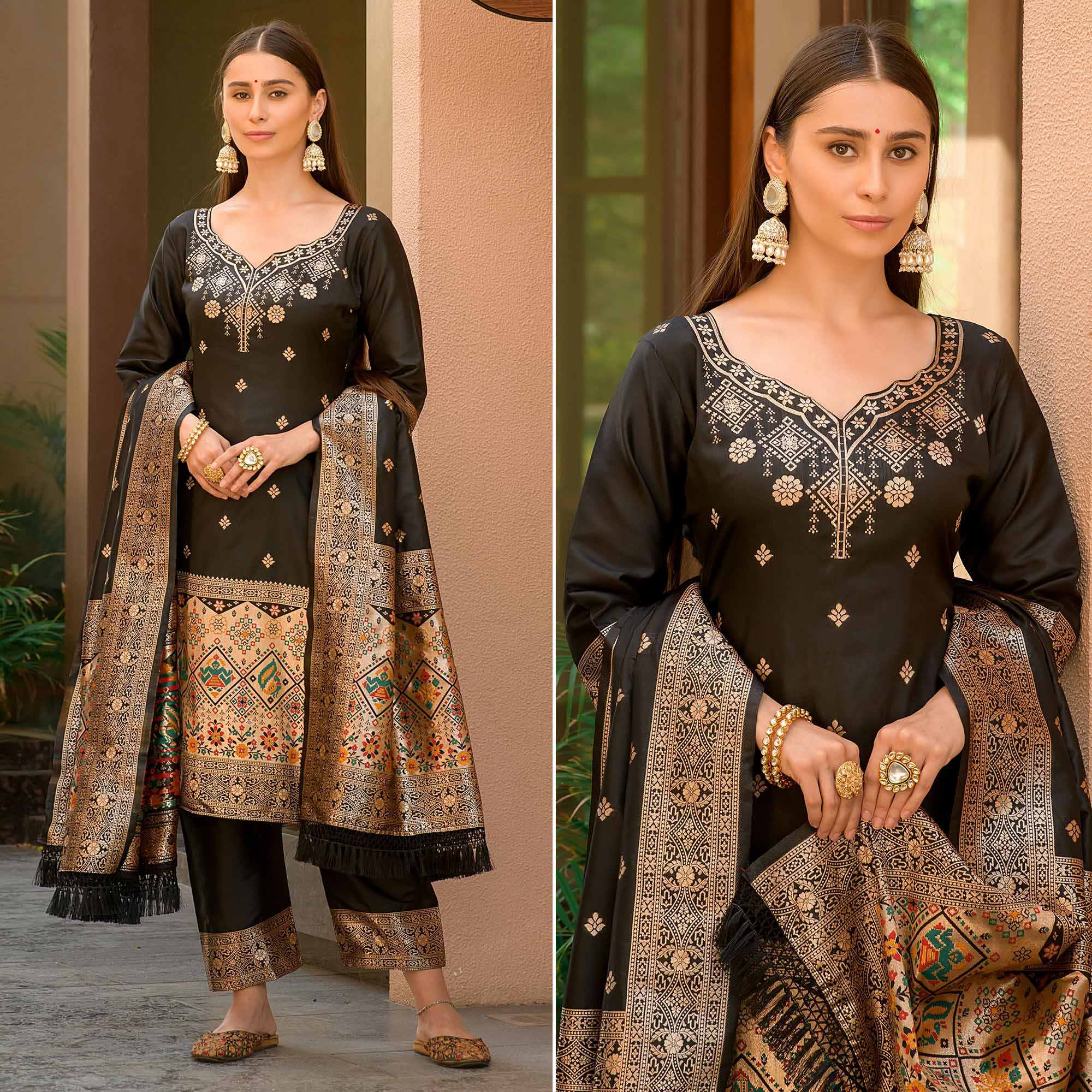 Black Floral Woven Banarasi Silk Paithani Dress Material