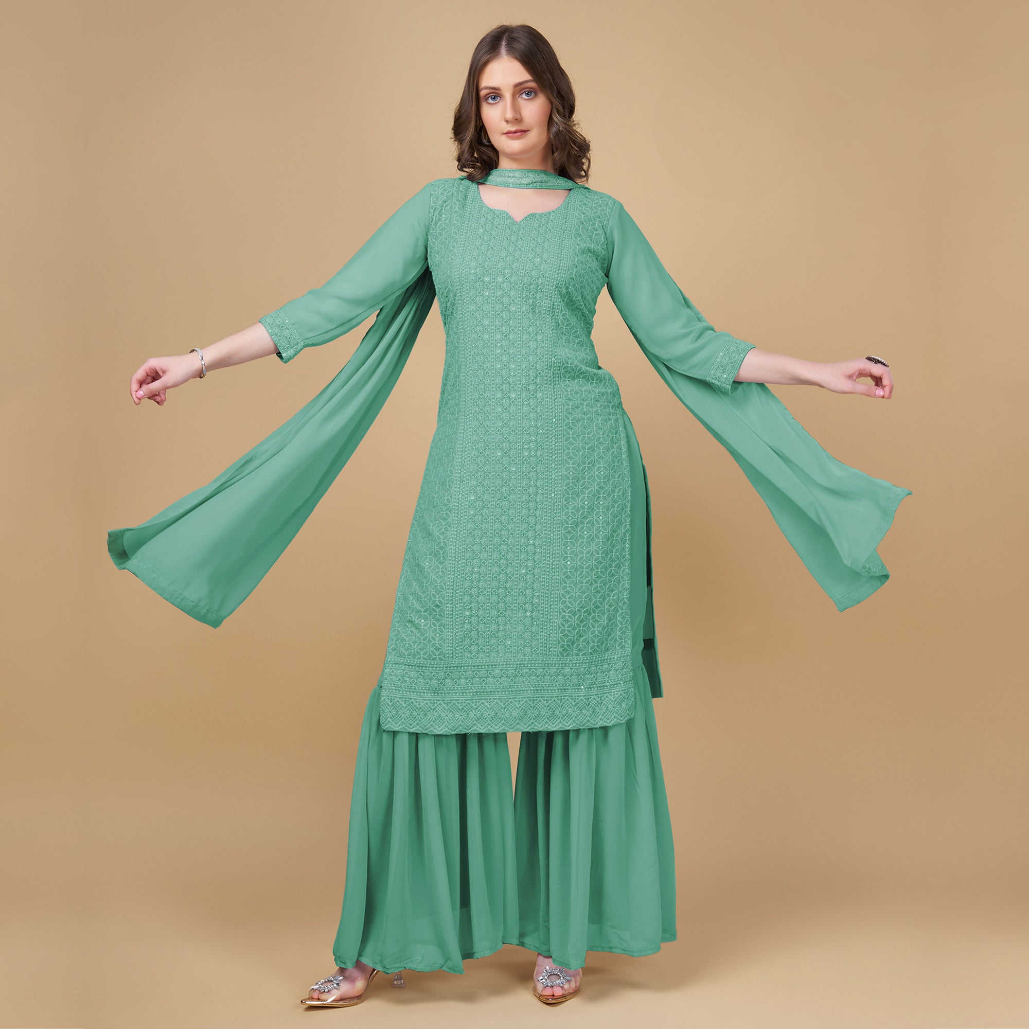 Green Embroidered Georgette Kurti Sharara Suit