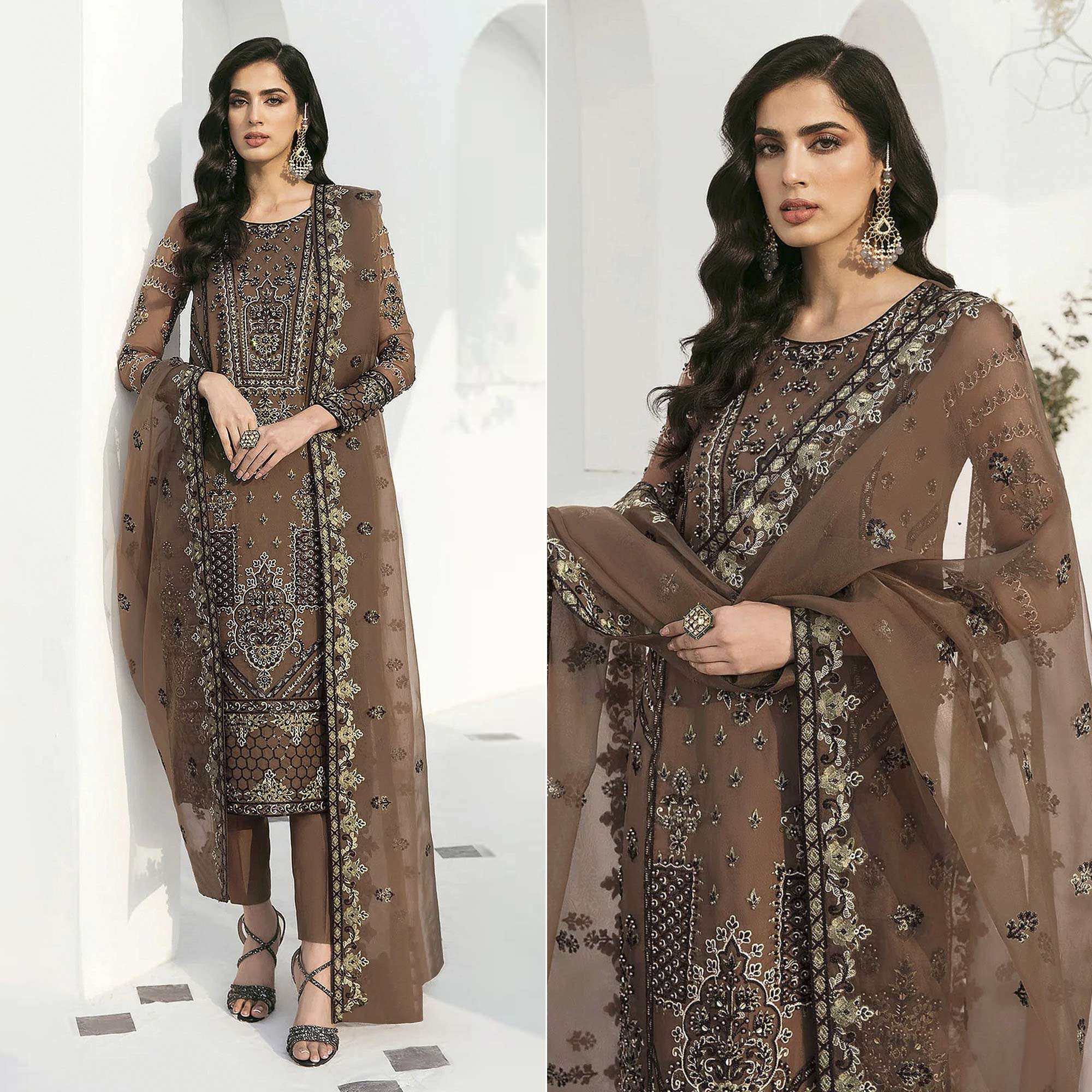Brown Floral Embroidered Georgette Semi Stitched Pakistani Suit
