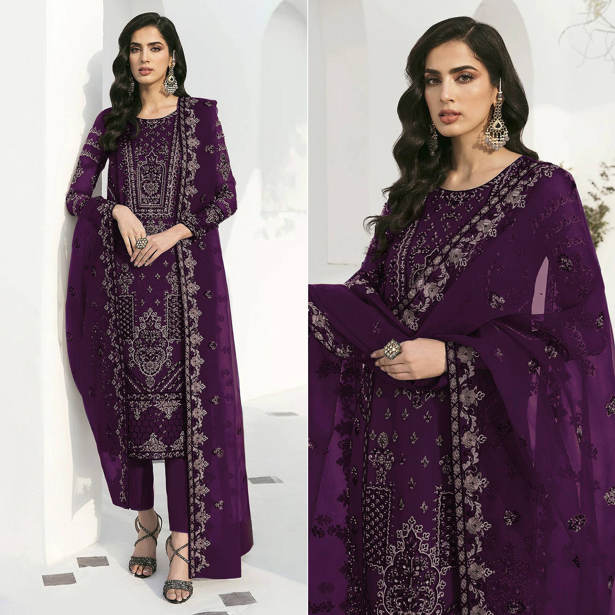 Purple Floral Embroidered Georgette Semi Stitched Pakistani Suit