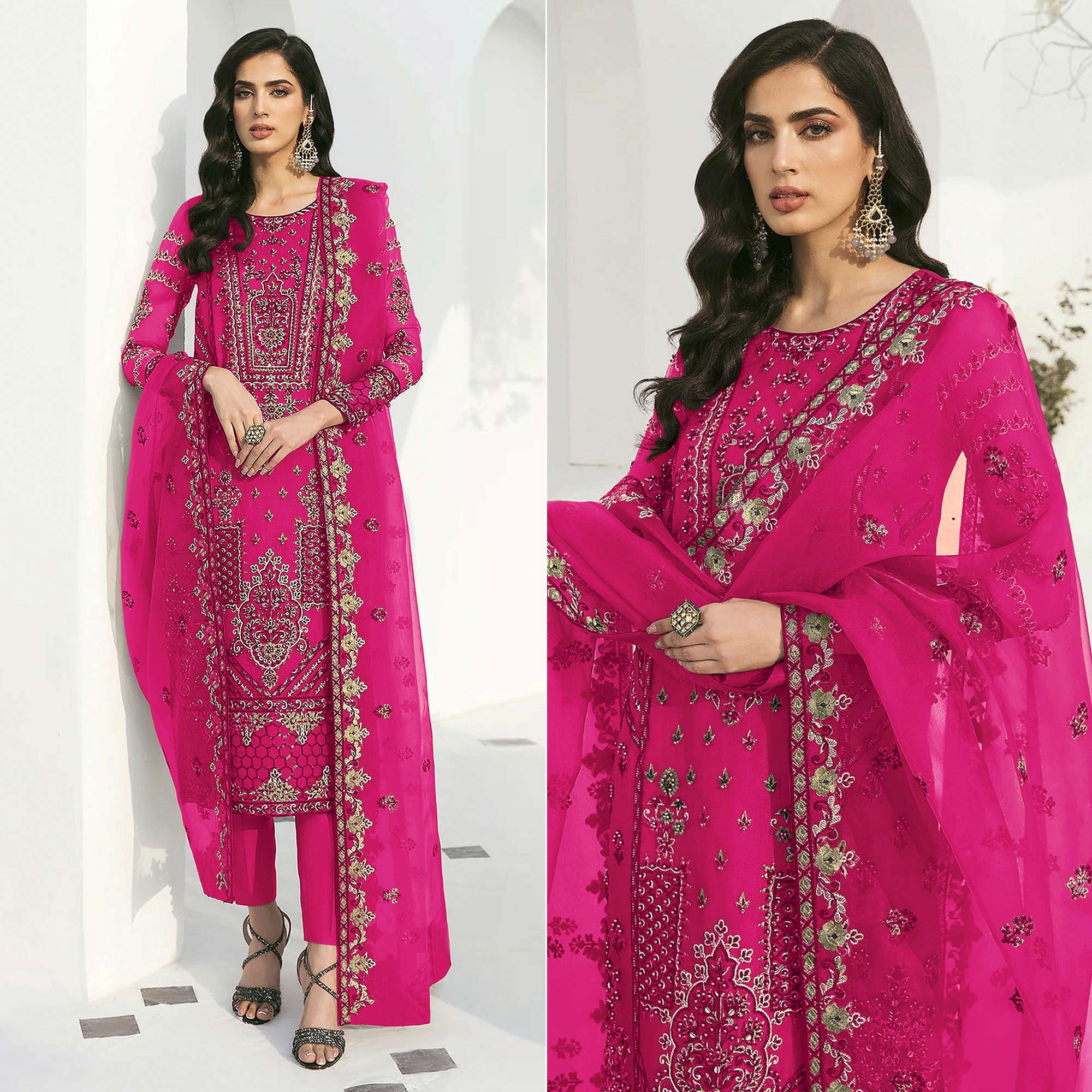 Pink Floral Embroidered Georgette Semi Stitched Pakistani Suit