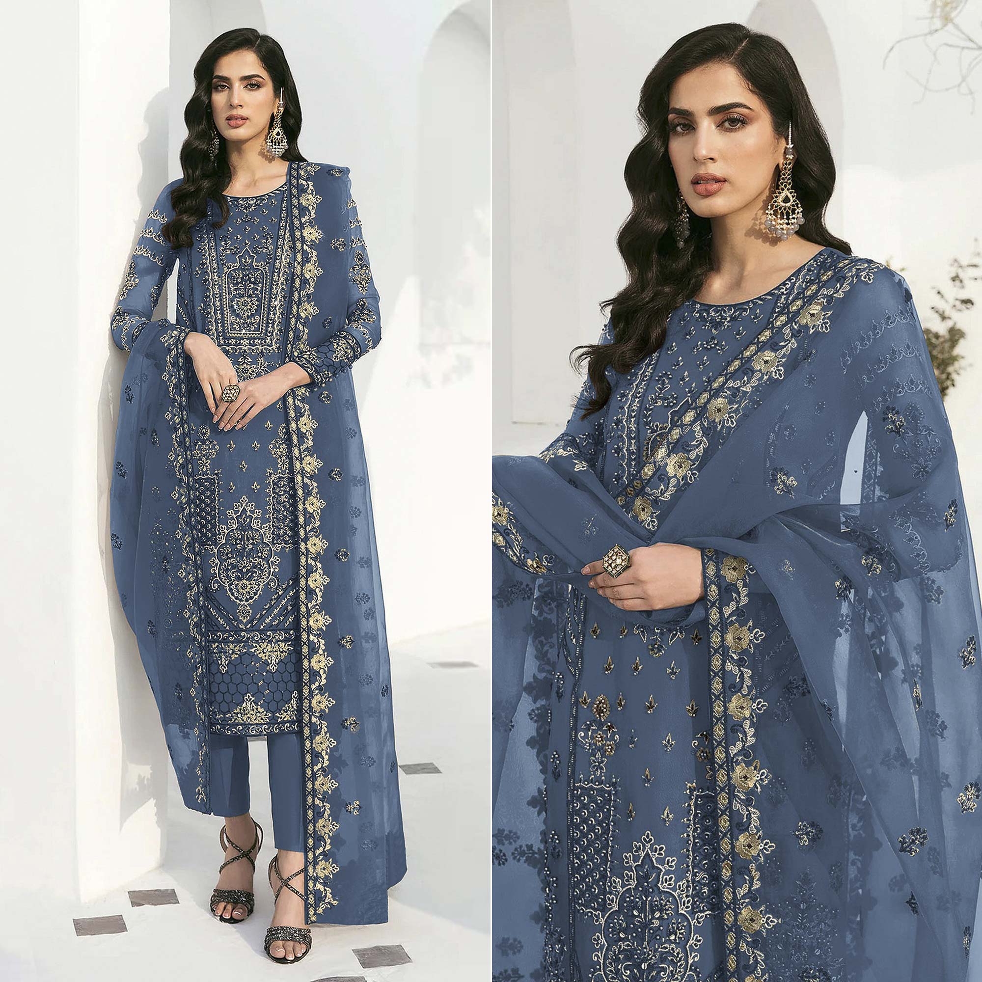 Blue Floral Embroidered Georgette Semi Stitched Pakistani Suit