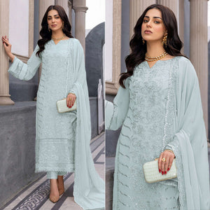 Teal Grey Floral Embroidered Georgette Semi Stitched Suit