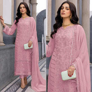 Pink Floral Embroidered Georgette Semi Stitched Suit