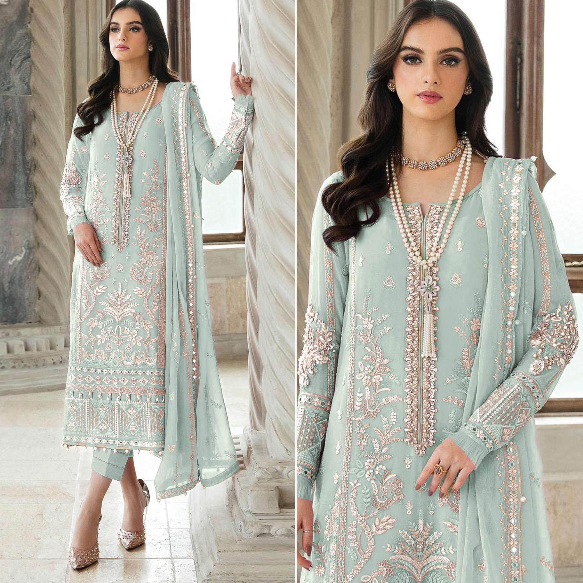 Green Floral Sequins Embroidered Georgette Semi Stitched Suit
