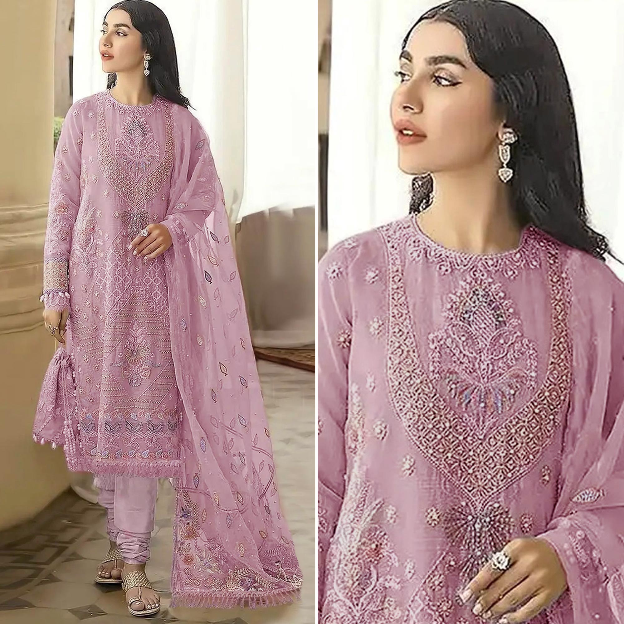 Pink Floral Embroidered Georgette Semi Stitched Pakistani Suit