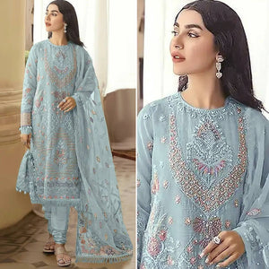 Blue Floral Embroidered Georgette Semi Stitched Pakistani Suit