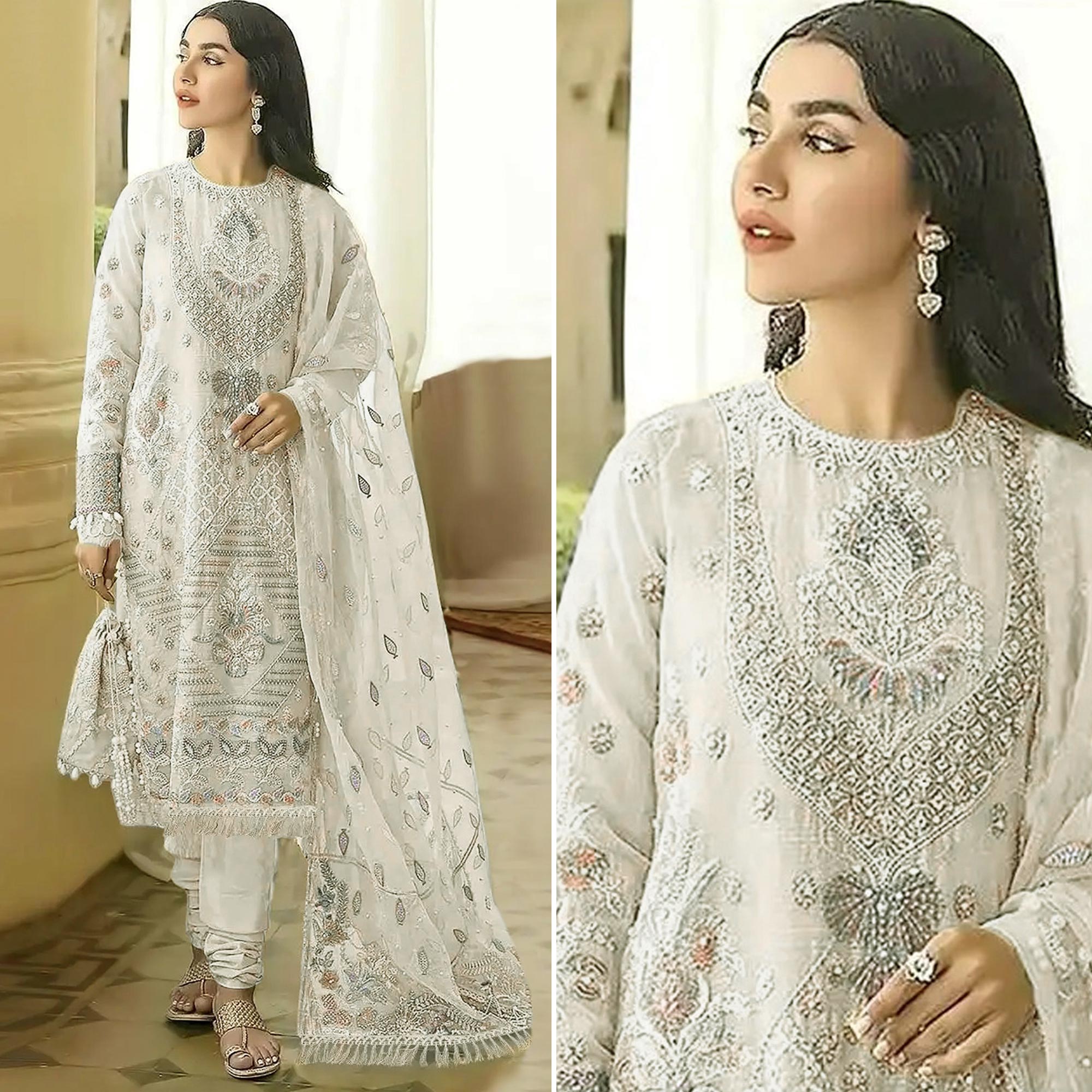 Cream Floral Embroidered Georgette Semi Stitched Pakistani Suit