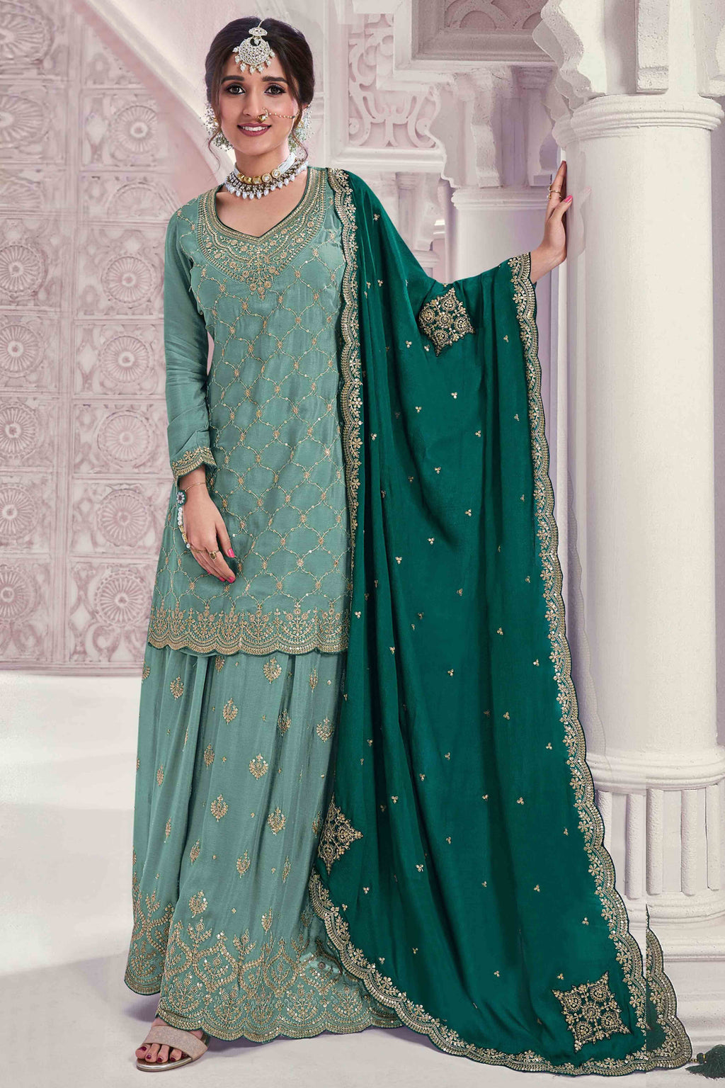 Teal Green Chinon Silk Embroidered Sharara Style Suit