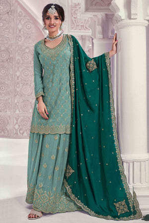Turquoise Sequins Embroidered Chinon Sharara Suit