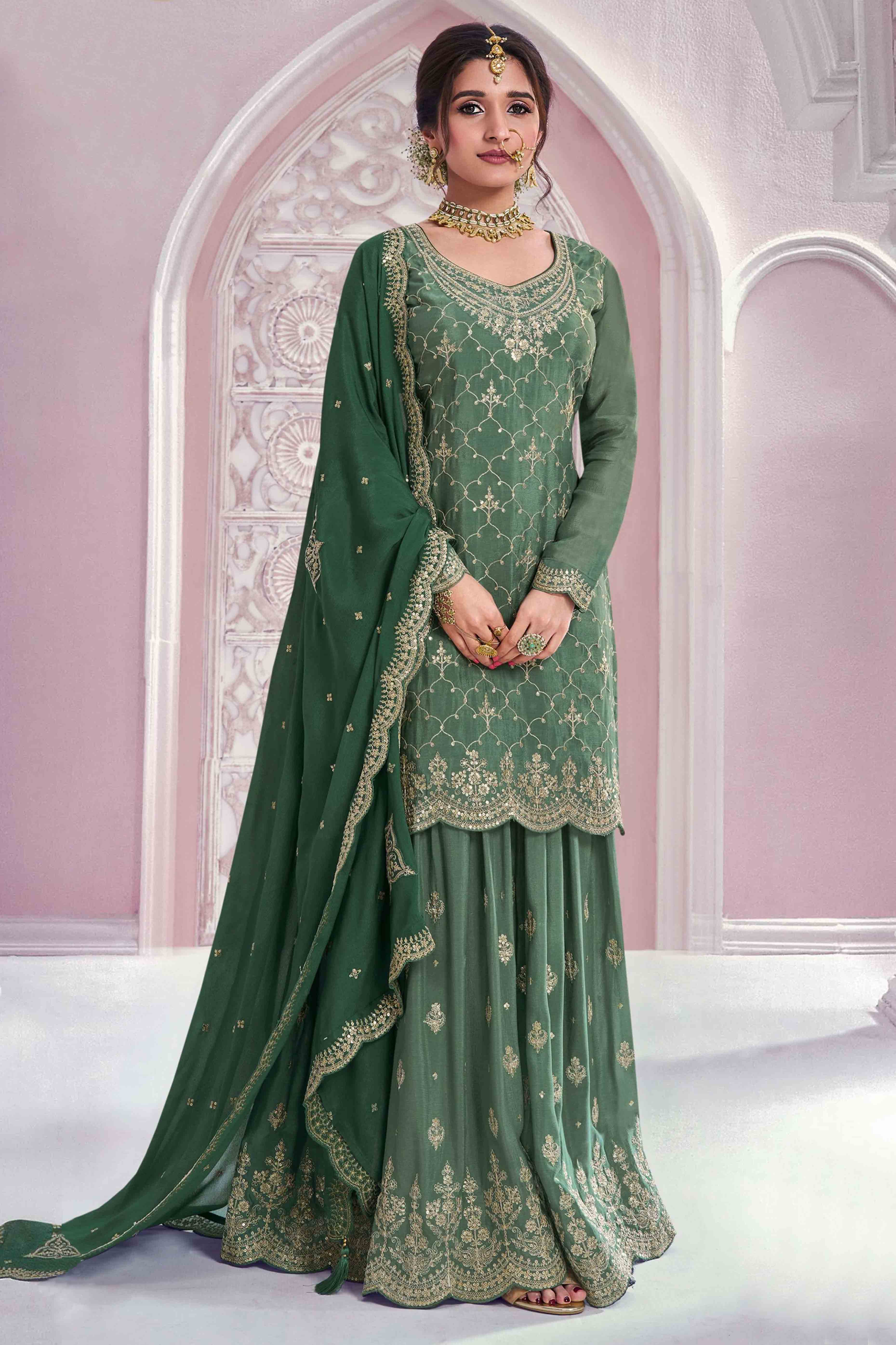 Green Sequins Embroidered Chinon Sharara Suit
