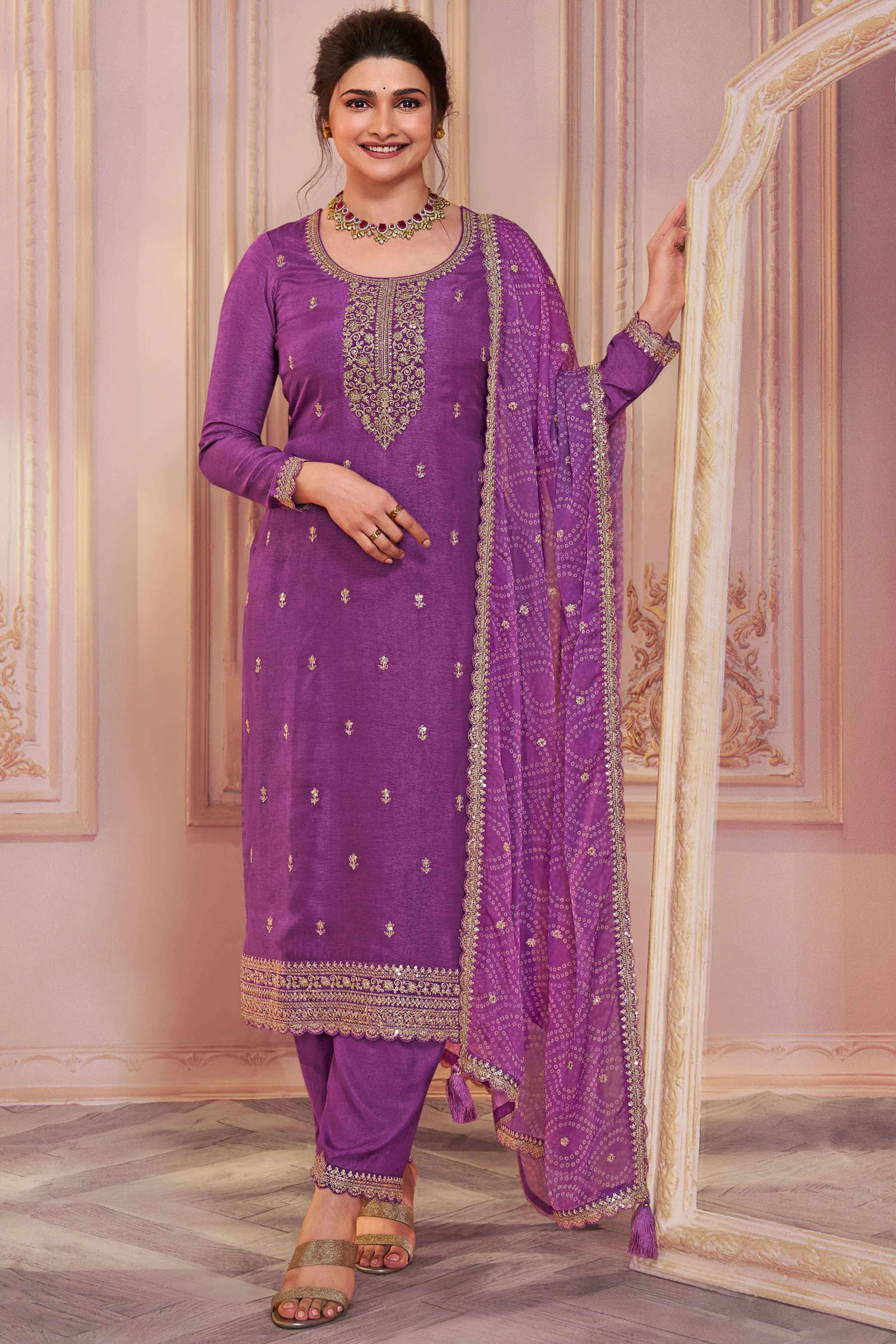 Purple Embroidered Georgette Semi-Stitched Pakistani Suit