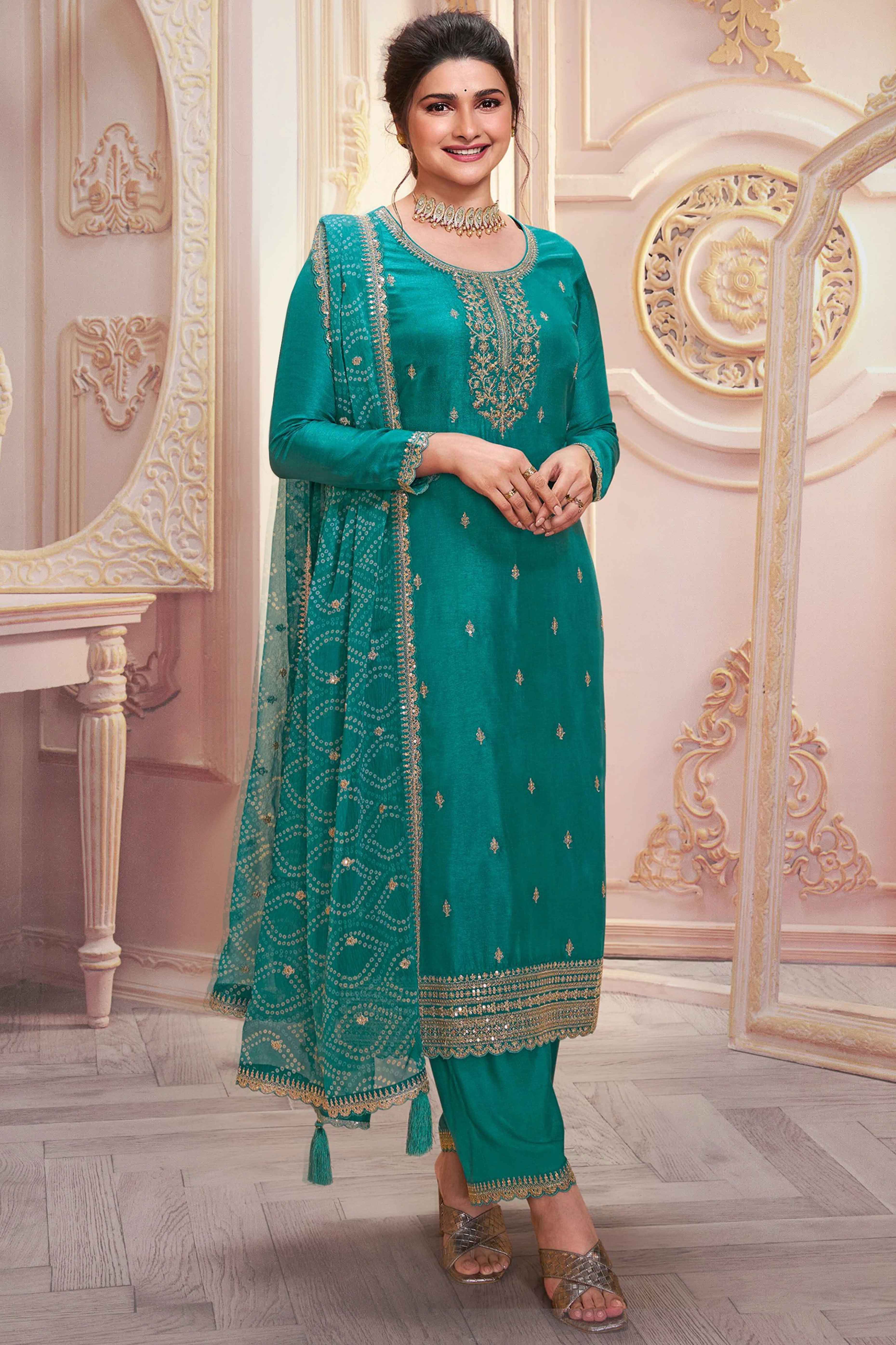 Rama Green Embroidered Georgette Semi-Stitched Pakistani Suit