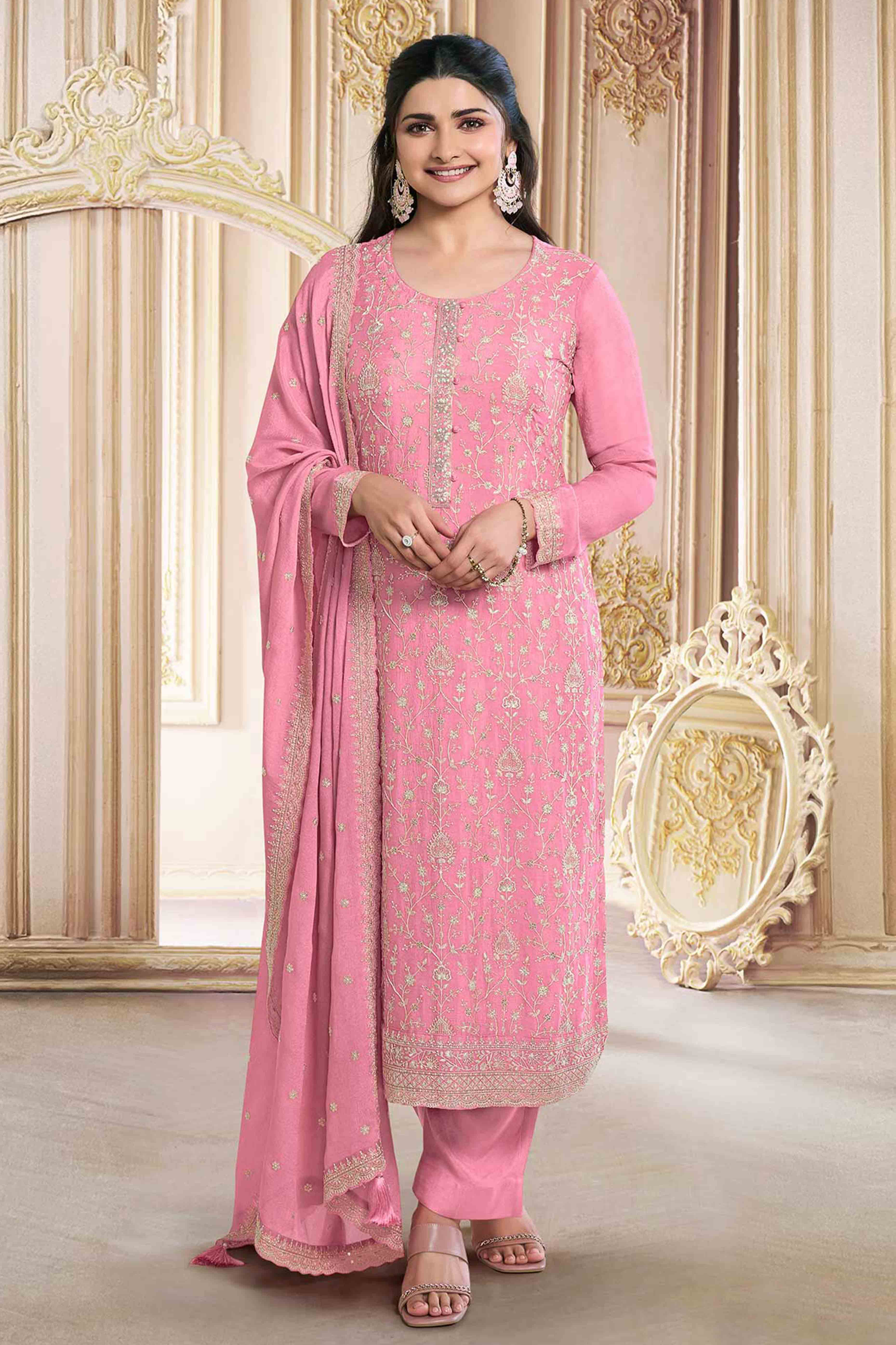 Pink Floral Sequins Embroidery Georgette Semi Stitched Salwar Suit