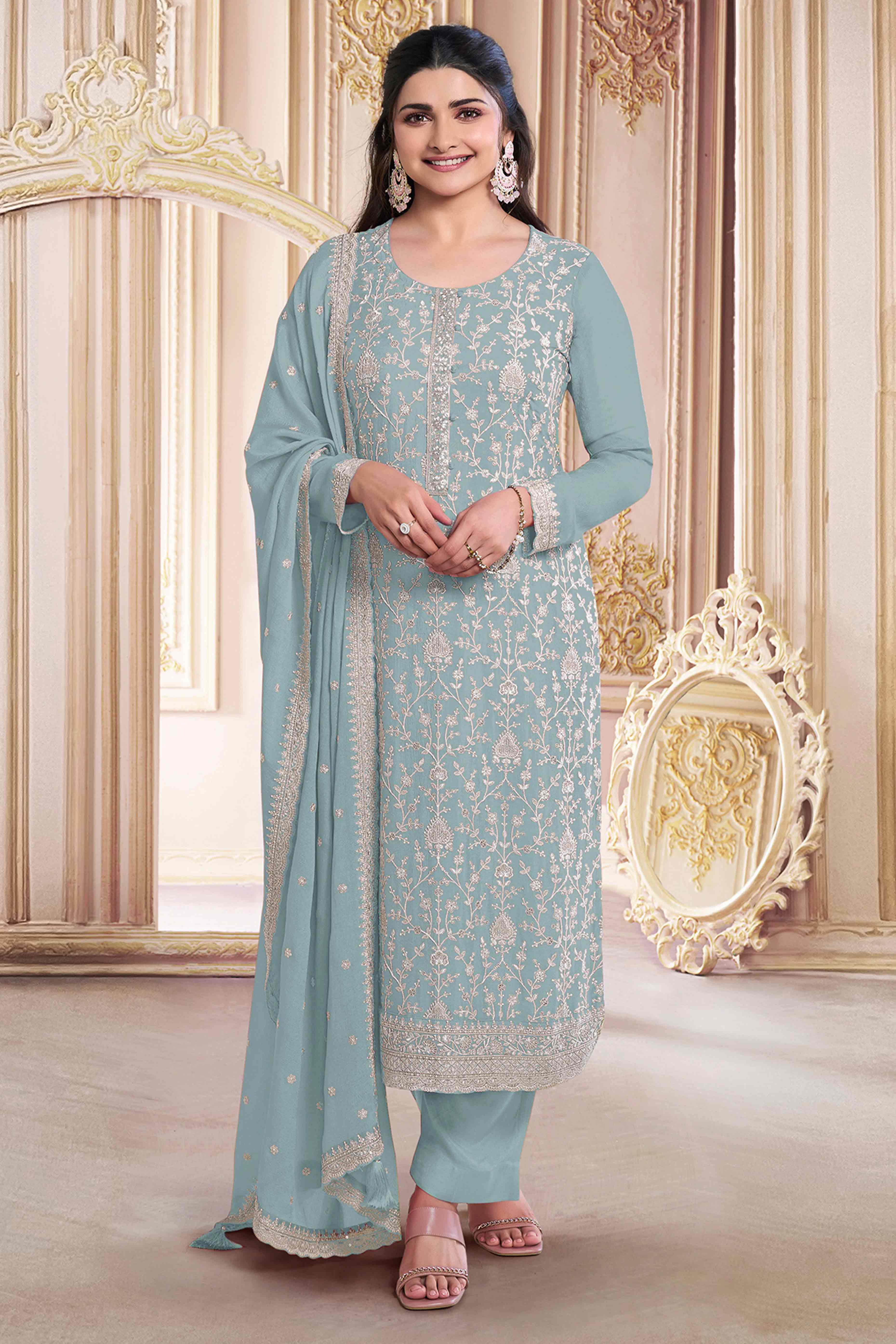 Pale Blue Floral Sequins Embroidery Georgette Semi Stitched Salwar Suit