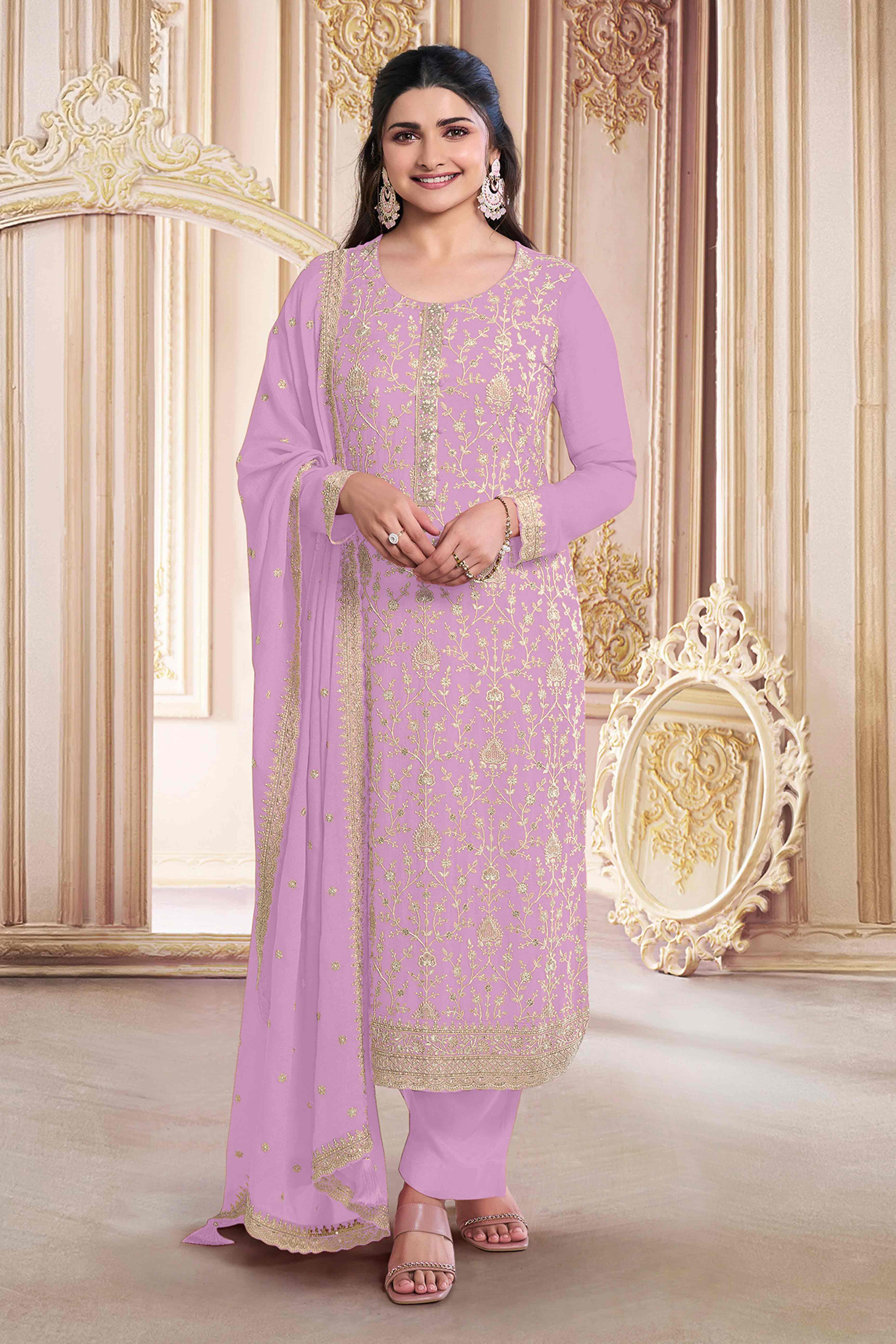 Light Pink Floral Sequins Embroidery Georgette Semi Stitched Salwar Suit