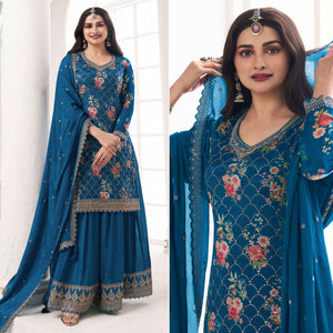 Teal Embroidered Chinon Semi Stitched Dress Material