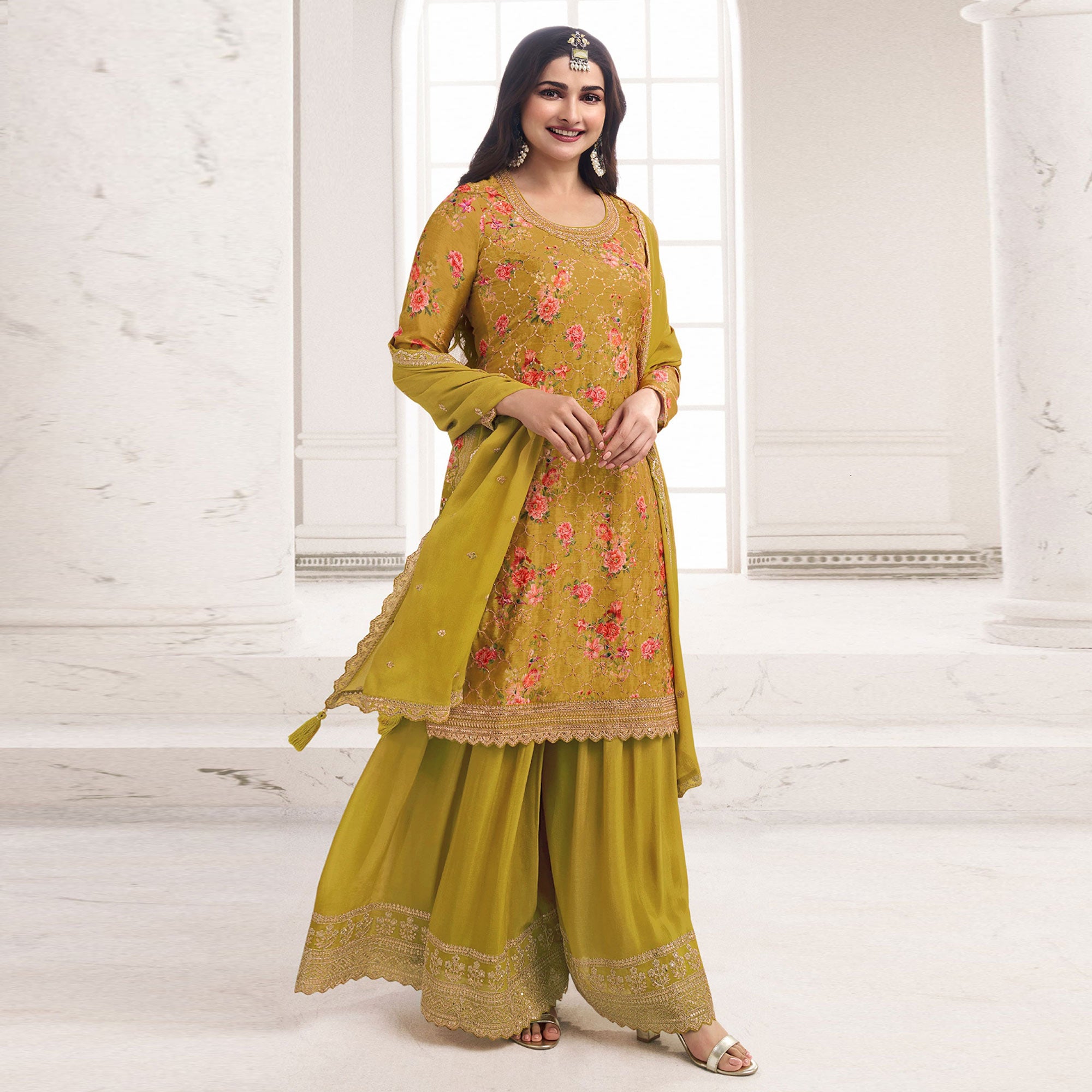 Mustard Embroidered Chinon Semi Stitched Dress Material