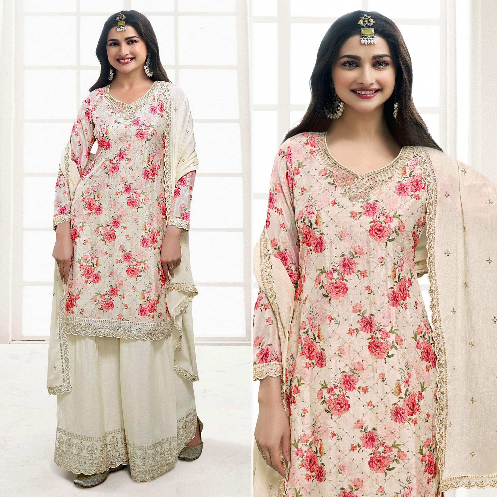 Cream Embroidered Chinon Semi Stitched Dress Material