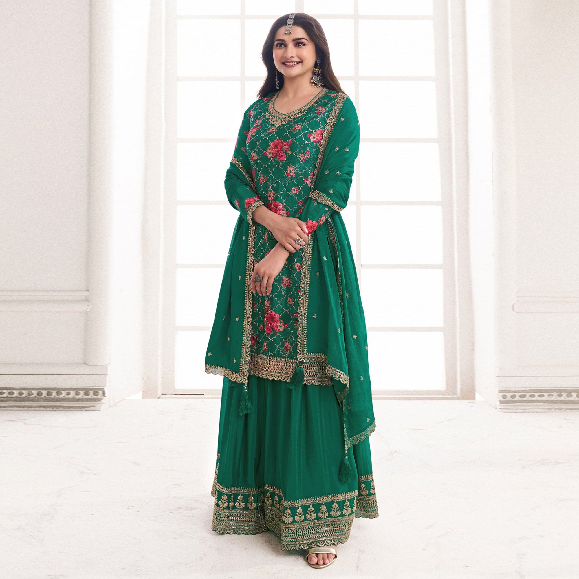 Green Embroidered Chinon Semi Stitched Dress Material