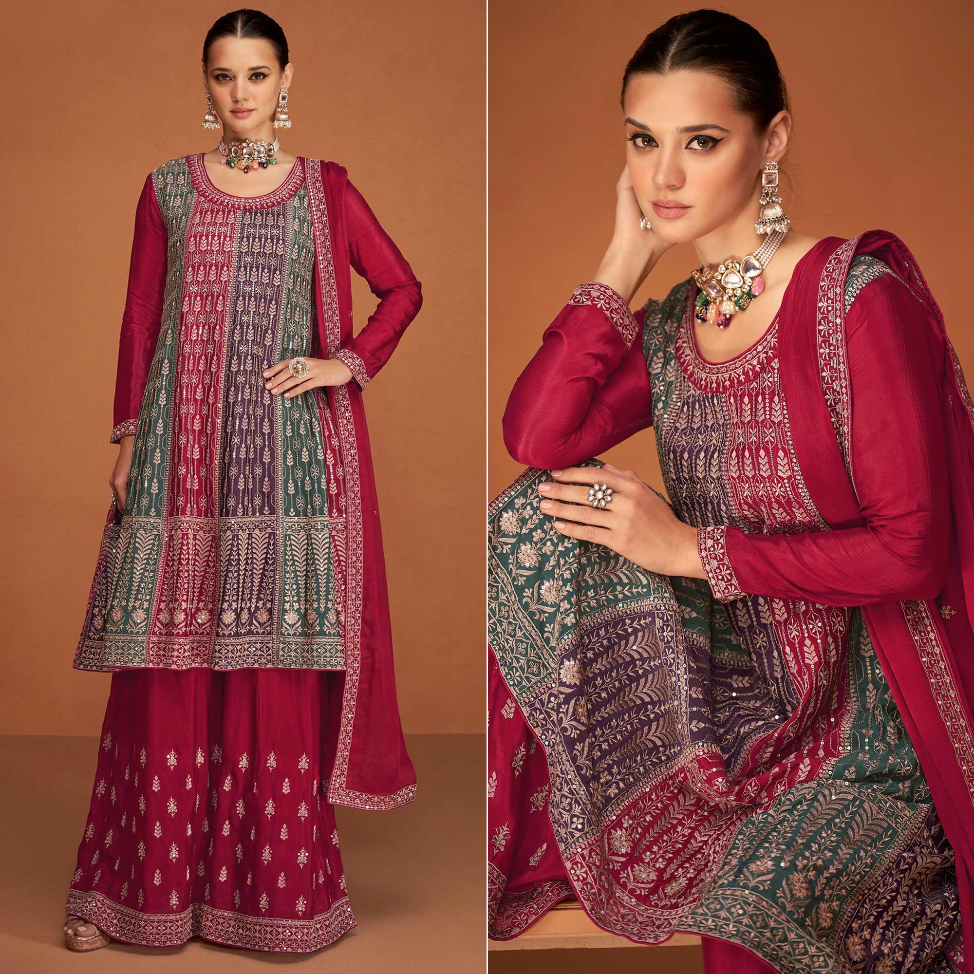 Rani Pink Floral Sequins Embroidered Georgette Sharara Suit
