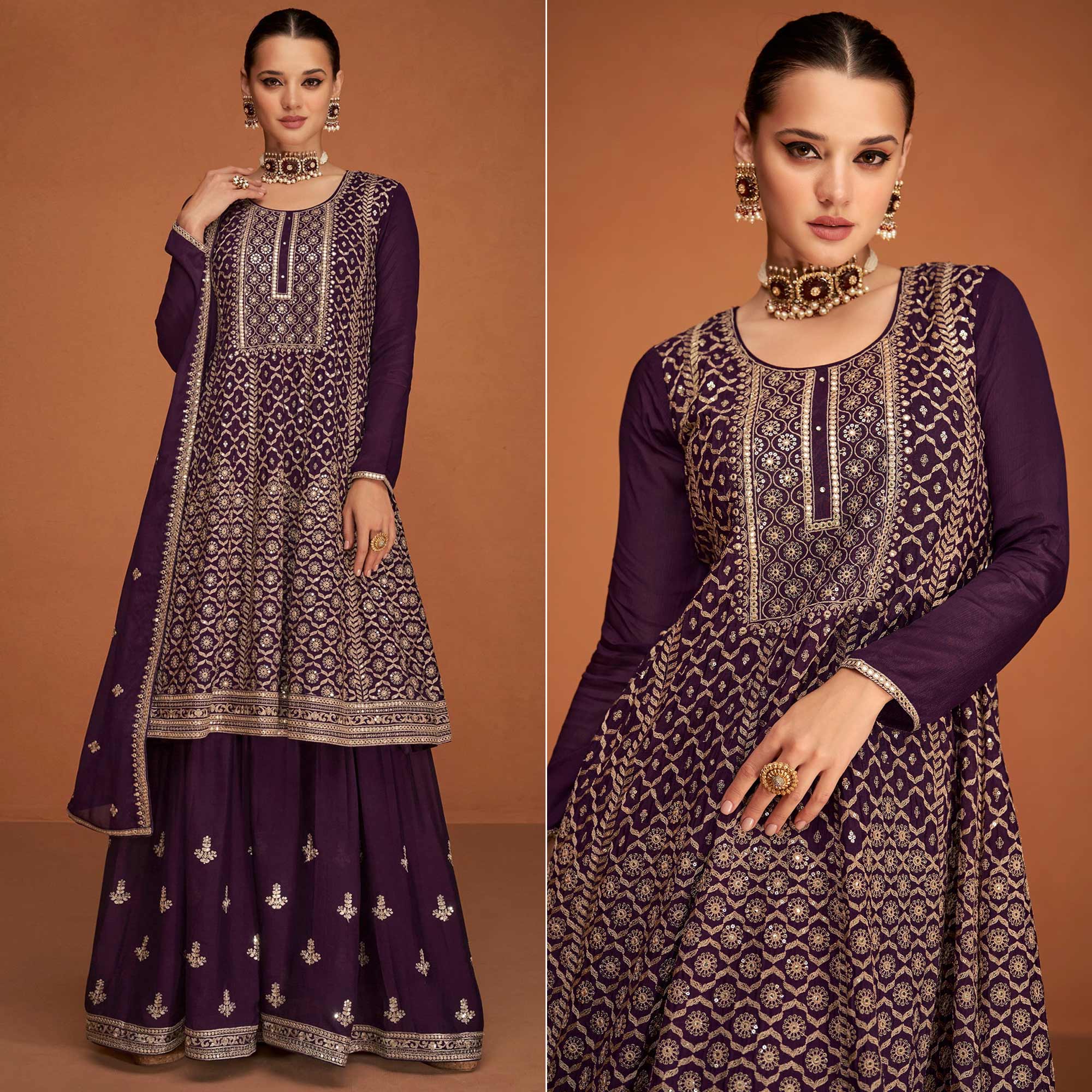 Purple Floral Sequins Embroidered Georgette Sharara Suit