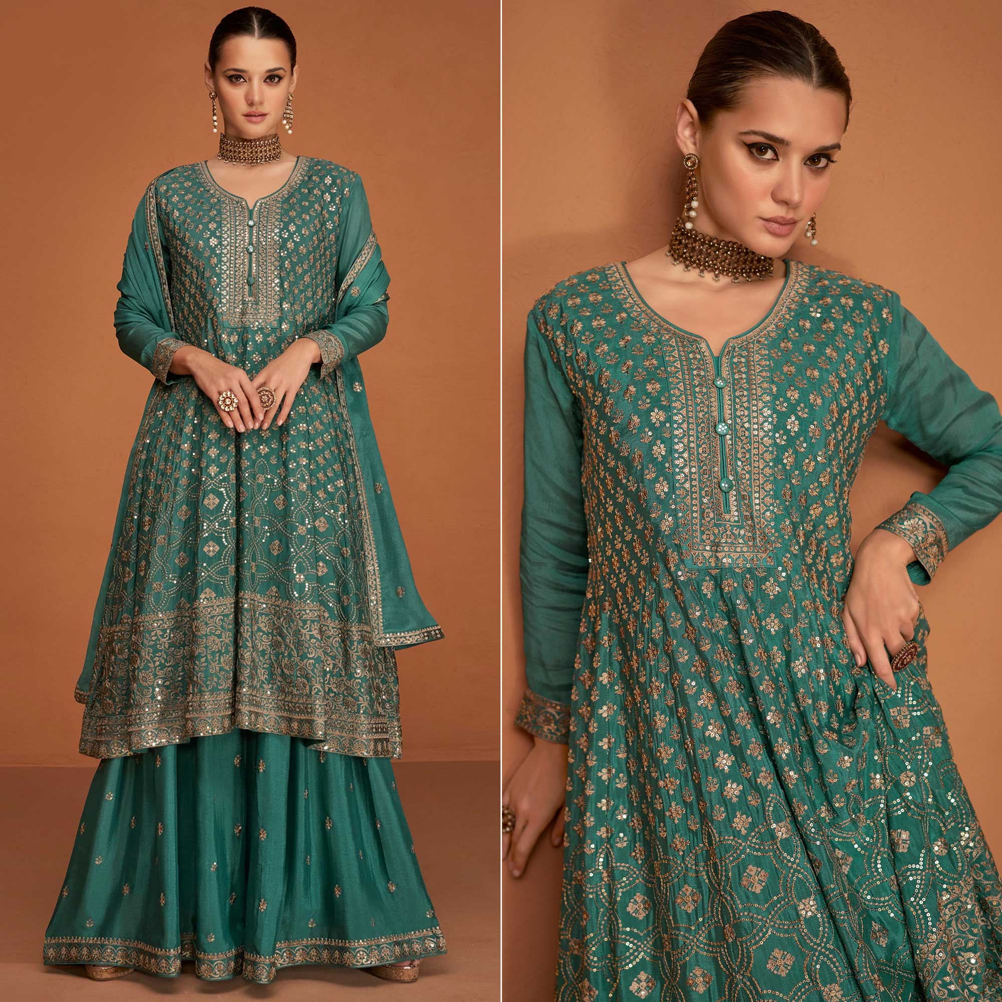 Teal Floral Sequins Embroidered Georgette Sharara Suit