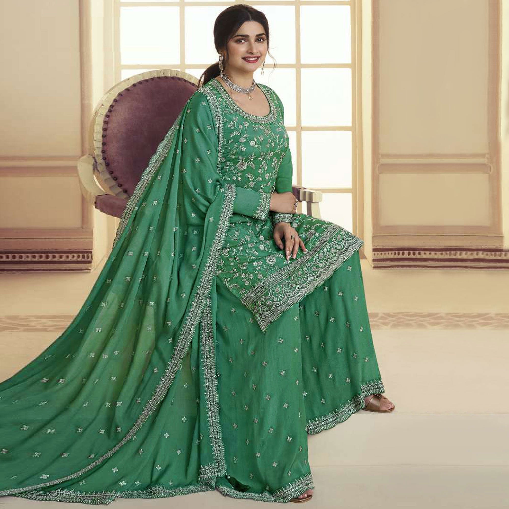 Green Floral Embroidered Chinon Semi Stitched Sharara Suit