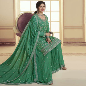 Green Floral Embroidered Chinon Semi Stitched Sharara Suit