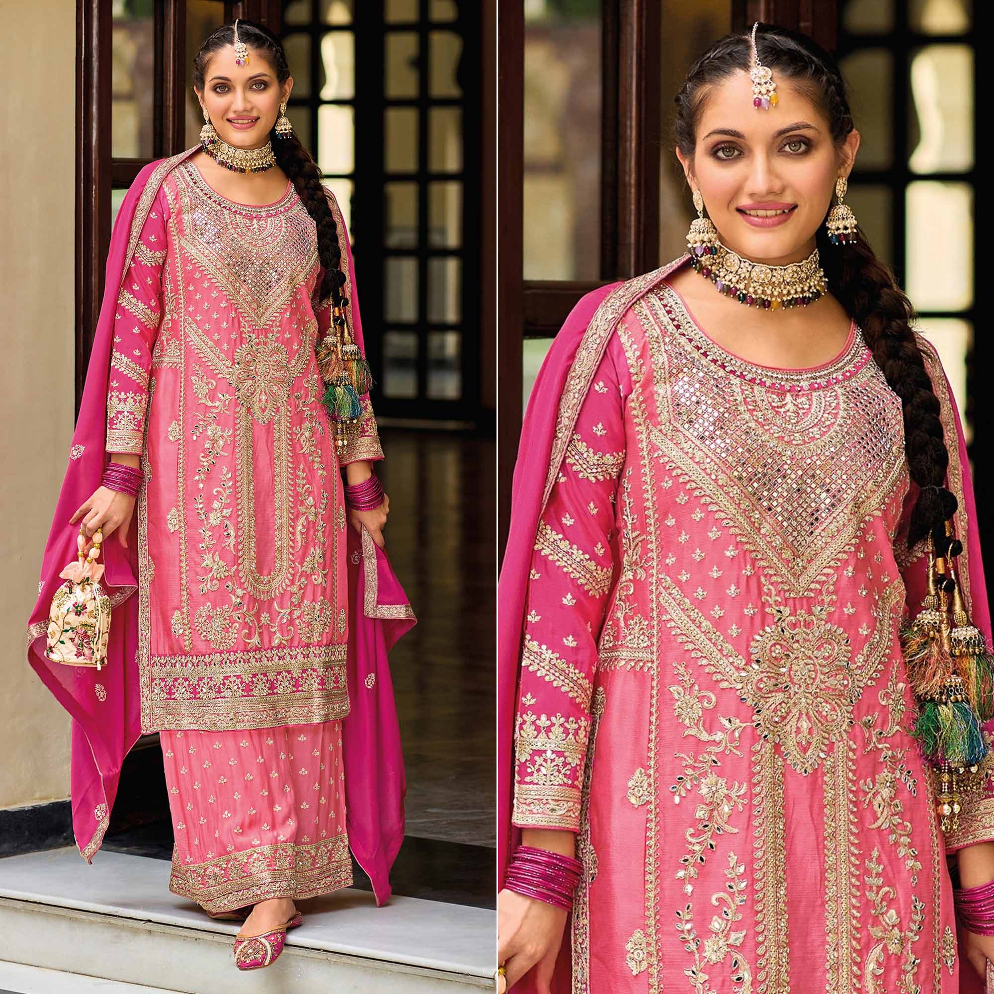 Pink Floral Embroidered Chinon Palazzo Suit