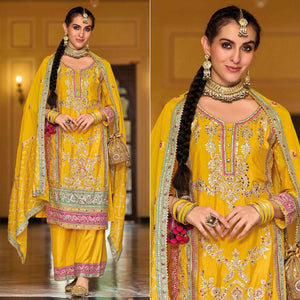 Yellow Floral Embroidered Chinon Palazzo Suit