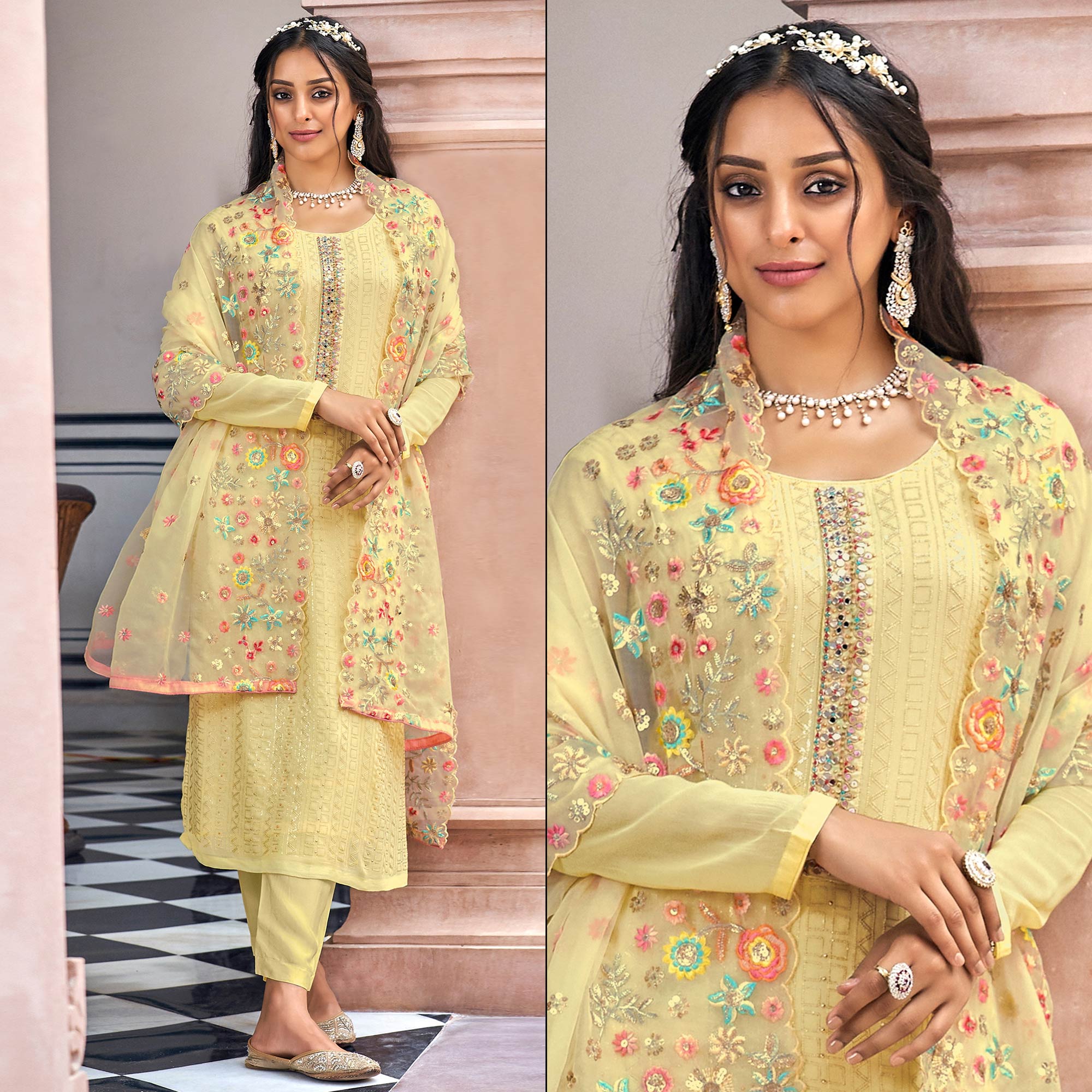 Lemon Yellow Sequins Embroidered Georgette Semi Stitched Salwar Suit