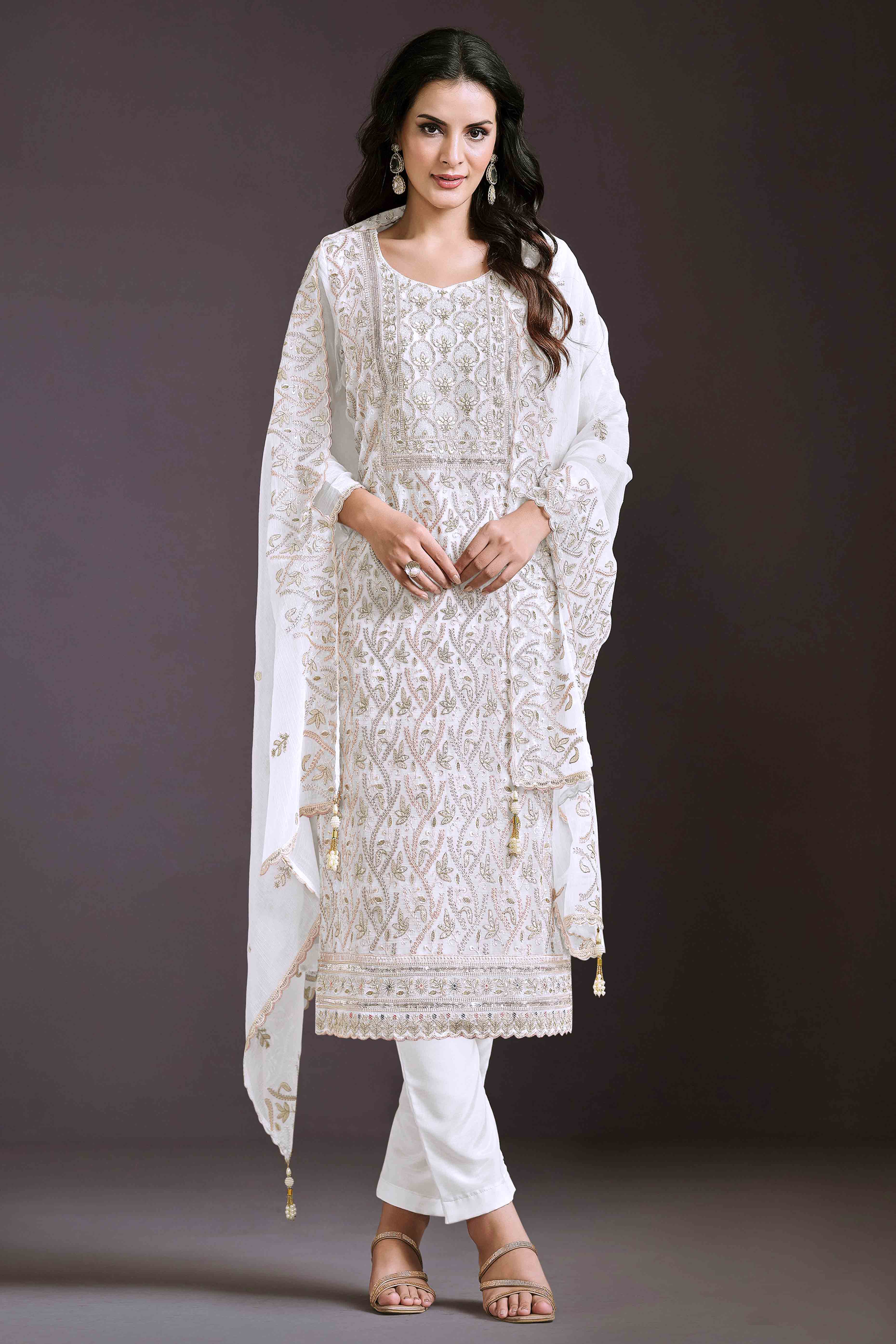 Offwhite Floral Sequins Embroidered Chinon Semi Stitched Suit