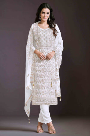 Offwhite Floral Sequins Embroidered Chinon Semi Stitched Suit