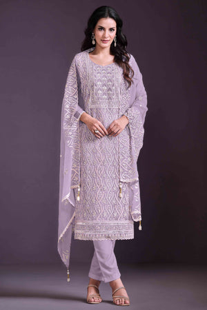 Lavender Floral Sequins Embroidered Chinon Semi Stitched Suit