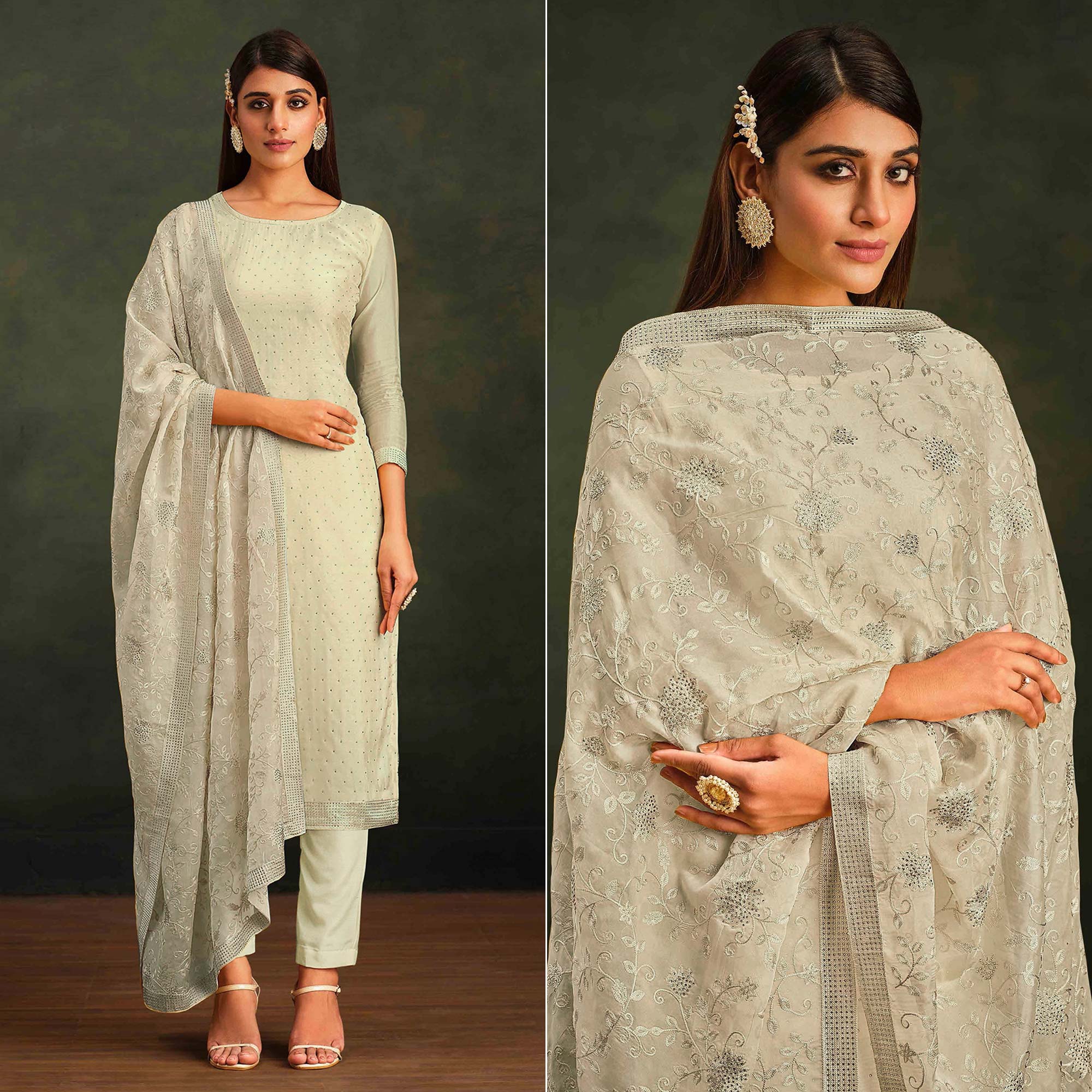 Pale Yellow Swarovski Work Organza Semi Stitched Salwar Suit