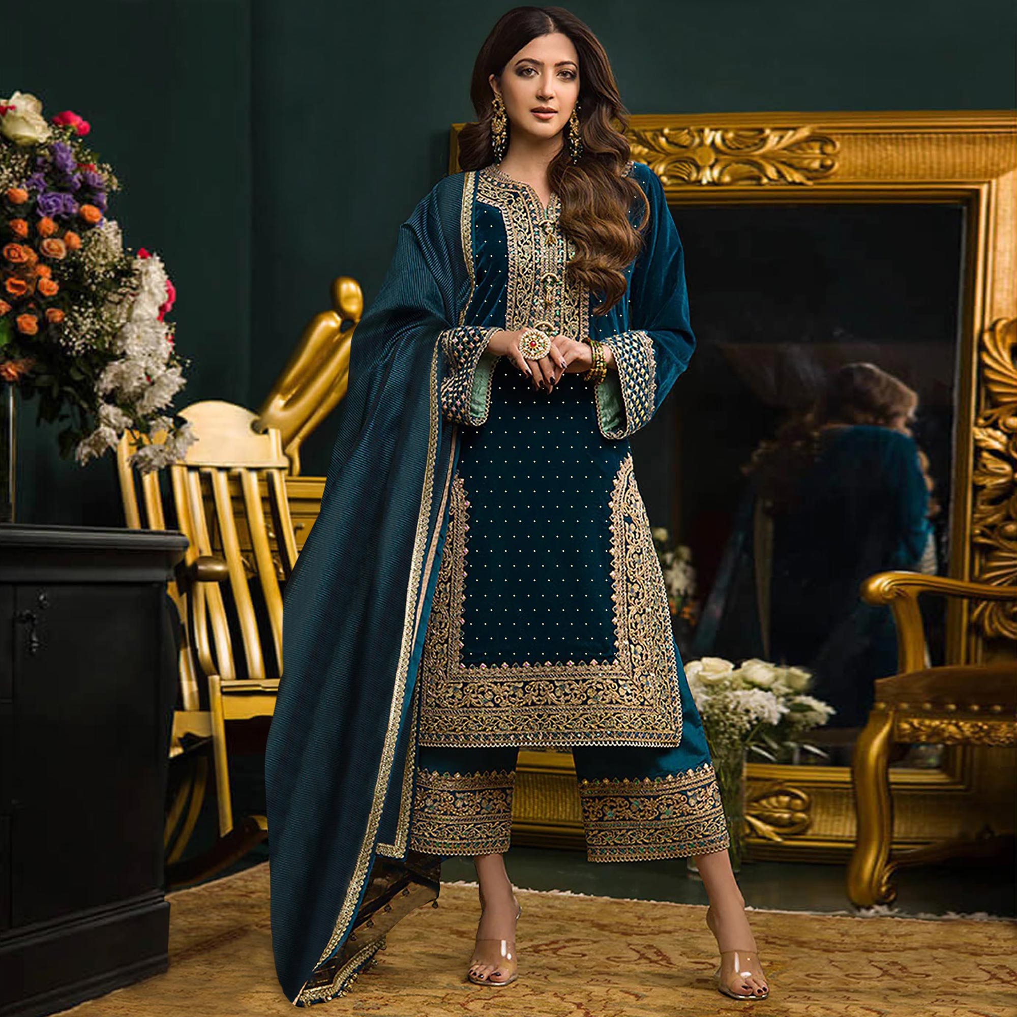 Teal Embroidered Velvet Semi Stitched Salwar Suit