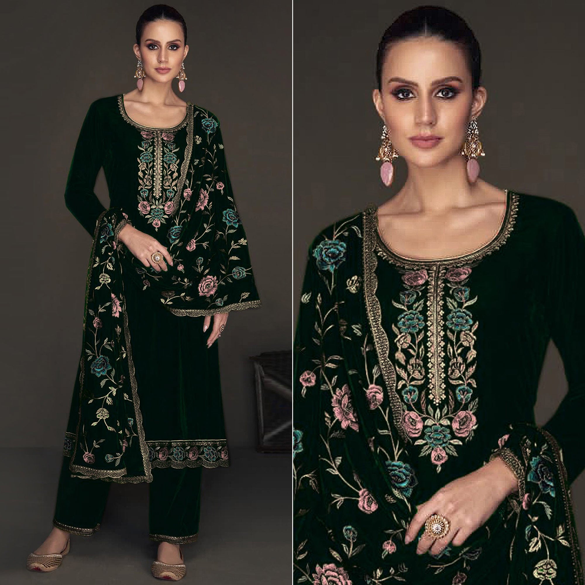 Green Floral Embroidered Velvet Semi Stitched Suit