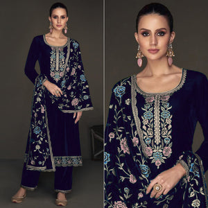 Blue Floral Embroidered Velvet Semi Stitched Suit