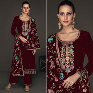 Maroon Floral Embroidered Velvet Semi Stitched Suit