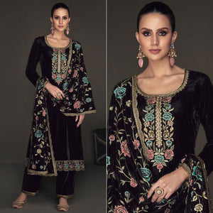 Black Floral Embroidered Velvet Semi Stitched Suit