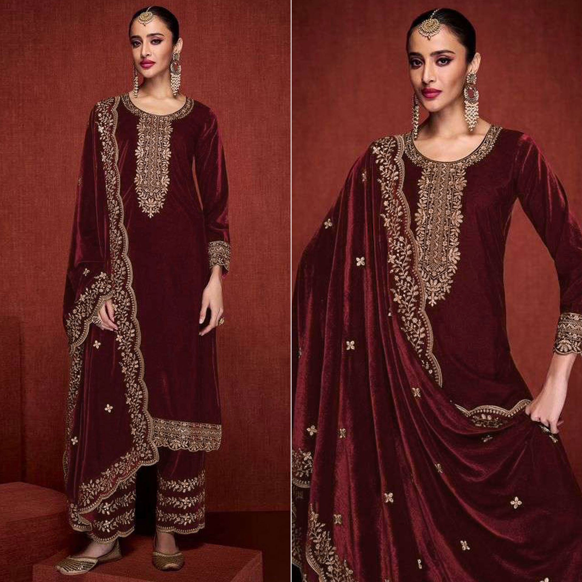 Maroon Floral Embroidered Velvet Semi Stitched Suit