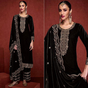 Black Floral Embroidered Velvet Semi Stitched Suit