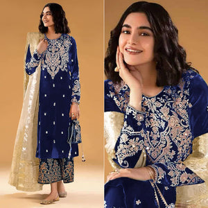 Blue Floral Embroidered Velvet Semi Stitched Suit
