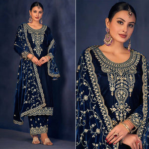 Blue Floral Sequins Embroidered Velvet Semi Stitched Suit