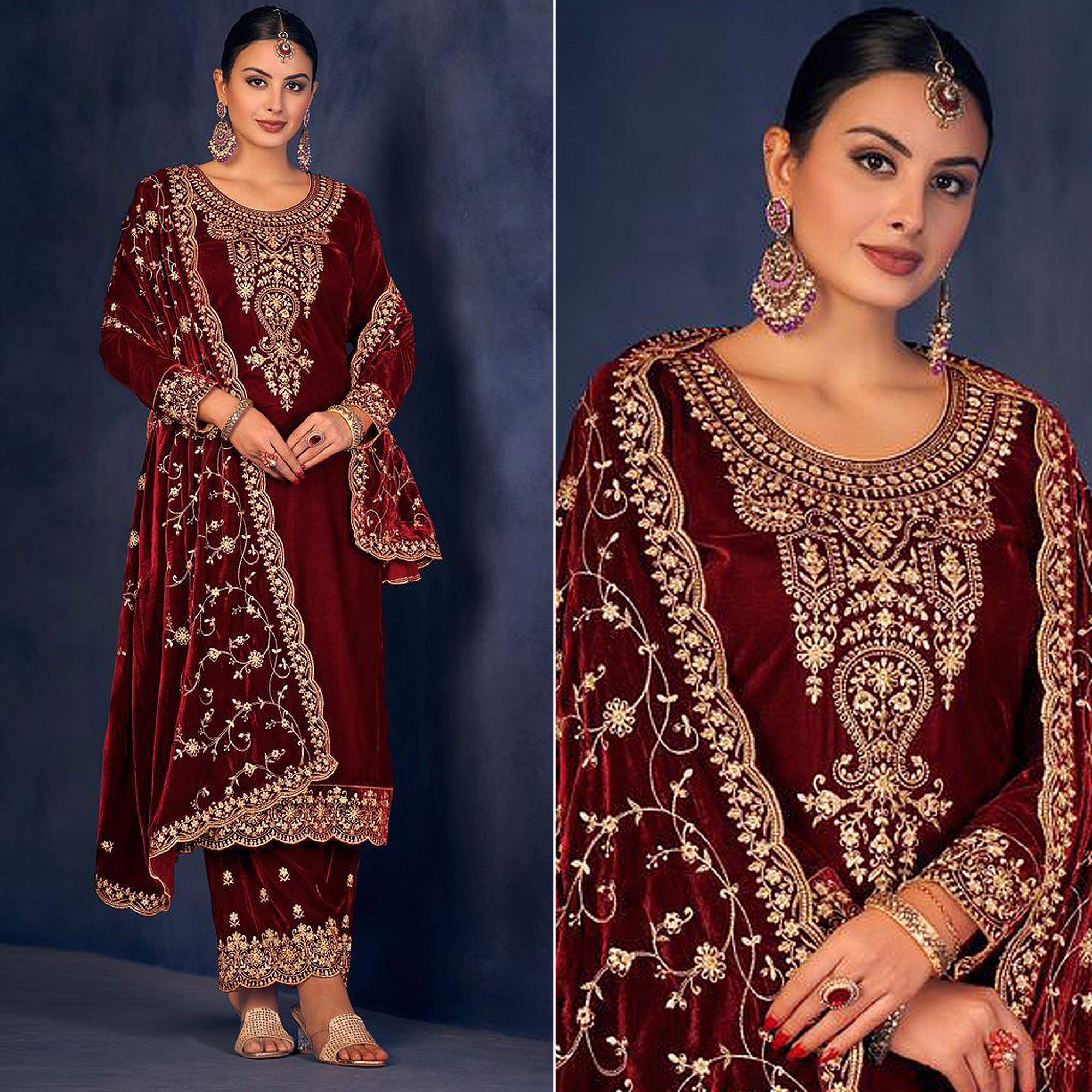 Maroon Floral Sequins Embroidered Velvet Semi Stitched Suit
