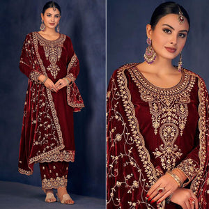 Maroon Floral Sequins Embroidered Velvet Semi Stitched Suit
